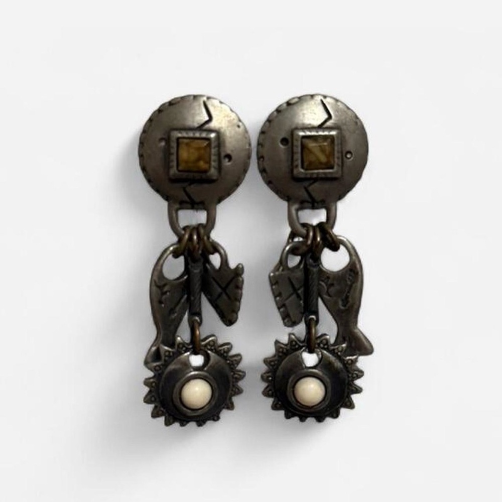 Distressed silver RARE vintage Robert rose western Aztec earrings
